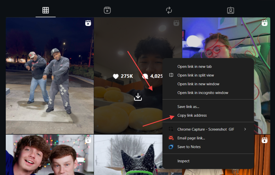 Screenshot showing how to right-click on an Instagram post and select Copy link address from the context menu